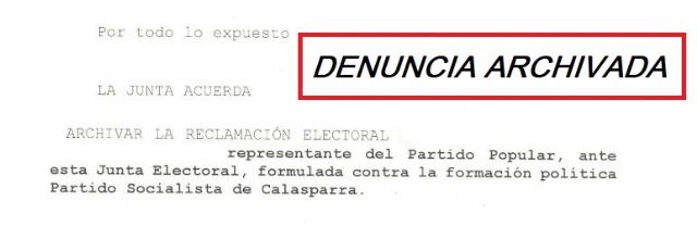 La Junta Electoral archiva una denuncia presentada por el PP contra el PSOE de Calasparra